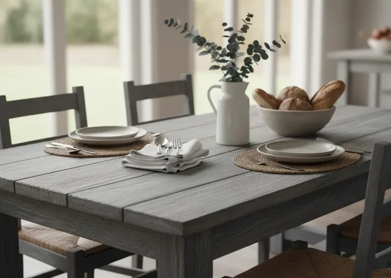 Stylish grey wood dining table with modern design, seating for six, in a contemporary dining room.
