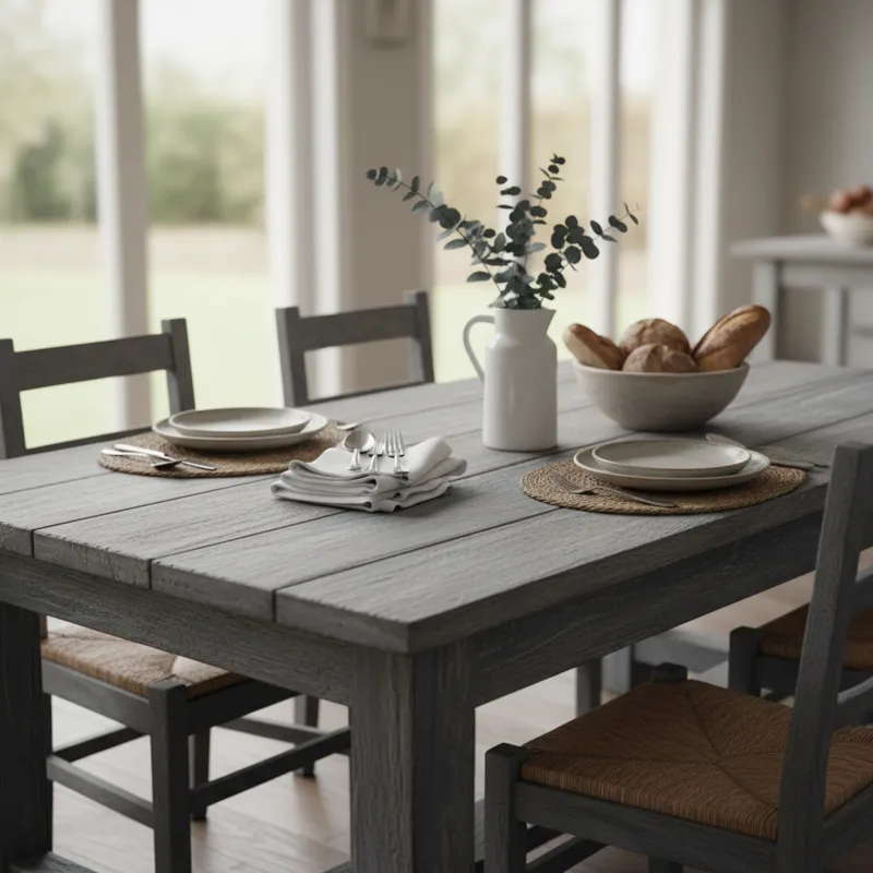 Stylish grey wood dining table with modern design, seating for six, in a contemporary dining room.