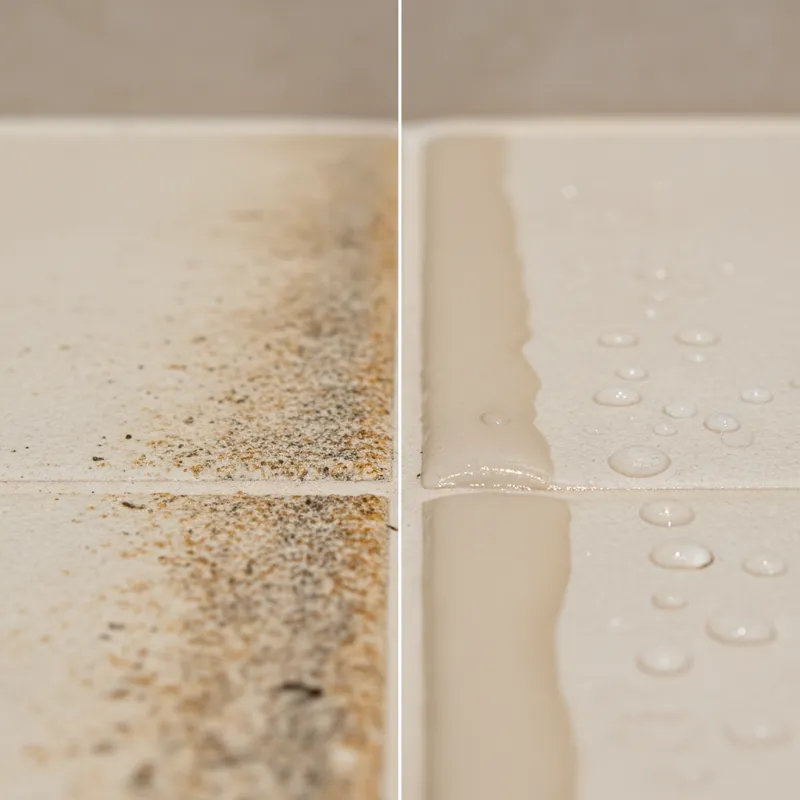 A close-up shot of stained, unsealed grout next to clean, sealed grout, highlighting the difference.