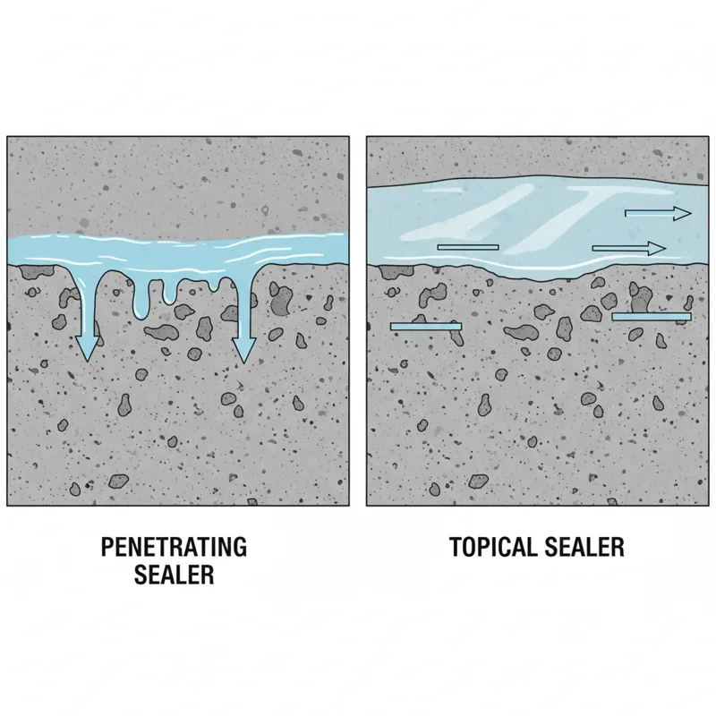 A diagram illustrating the difference between a penetrating sealer (liquid absorbed into pores) and a topical sealer (film on the surface).