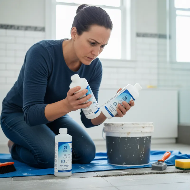 A homeowner carefully examining different grout sealer product labels, comparing features.