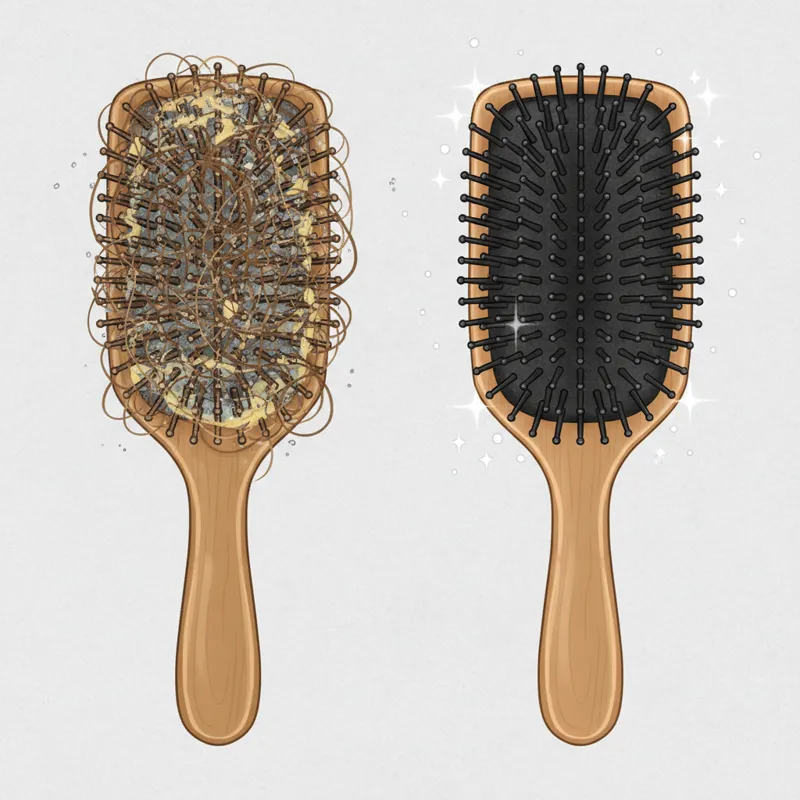 A close-up of a dirty hair brush filled with hair, dust, and product residue, contrasting with a sparkling clean brush, highlighting the visual differ