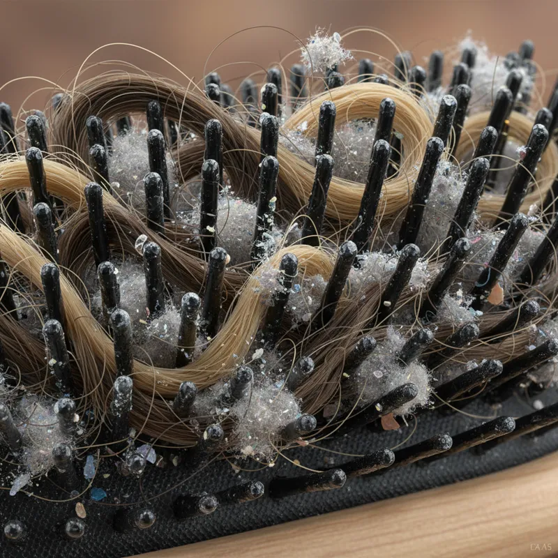 A magnified view of various types of debris trapped in hairbrush bristles, including strands of hair, dust bunnies, and oily residue clinging to the i