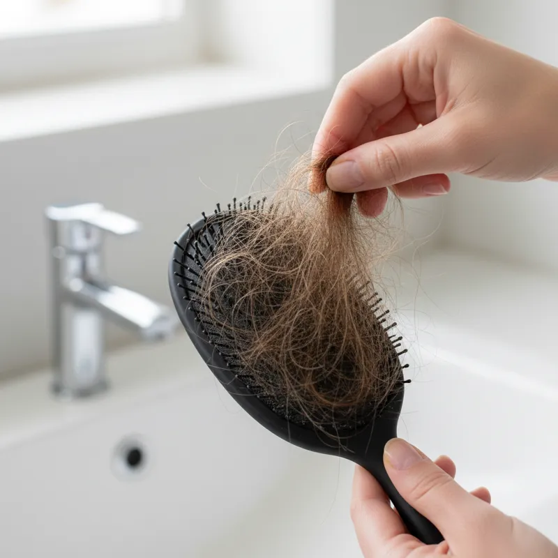 A person demonstrating the initial dry removal of large hair clumps from a paddle brush using their fingers, before applying any specialized cleaning