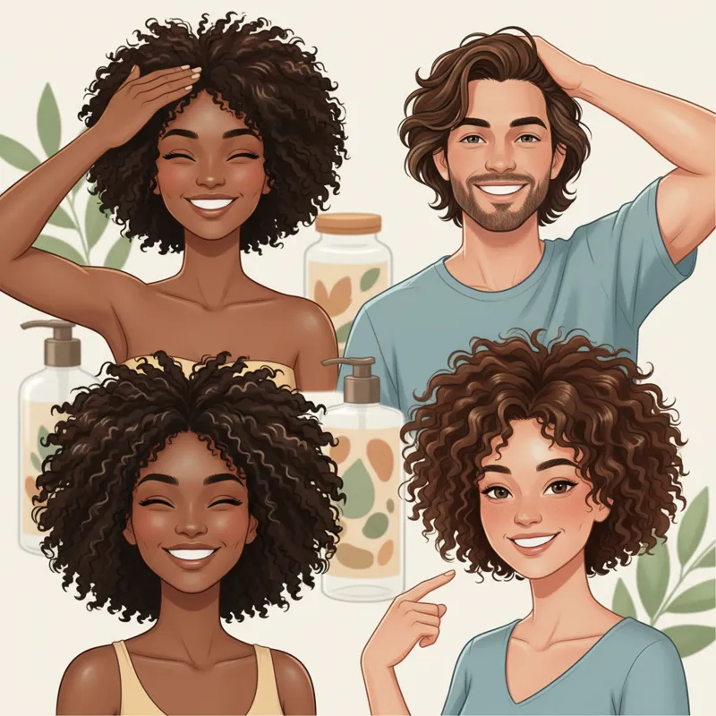 A diverse group of people with various hair textures (coily, curly, wavy) happily using or showing off their healthy, shiny hair, with subtle backgrou