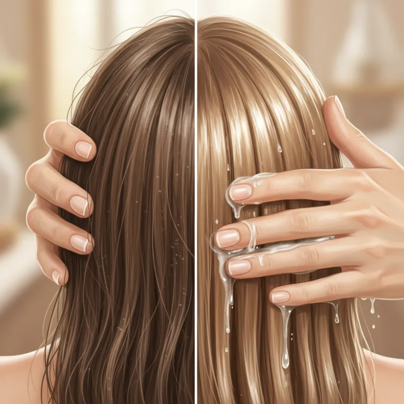 A close-up shot of healthy, shiny hair strands, possibly showing a before and after effect where one side is visibly smoother and more lustrous. Hands
