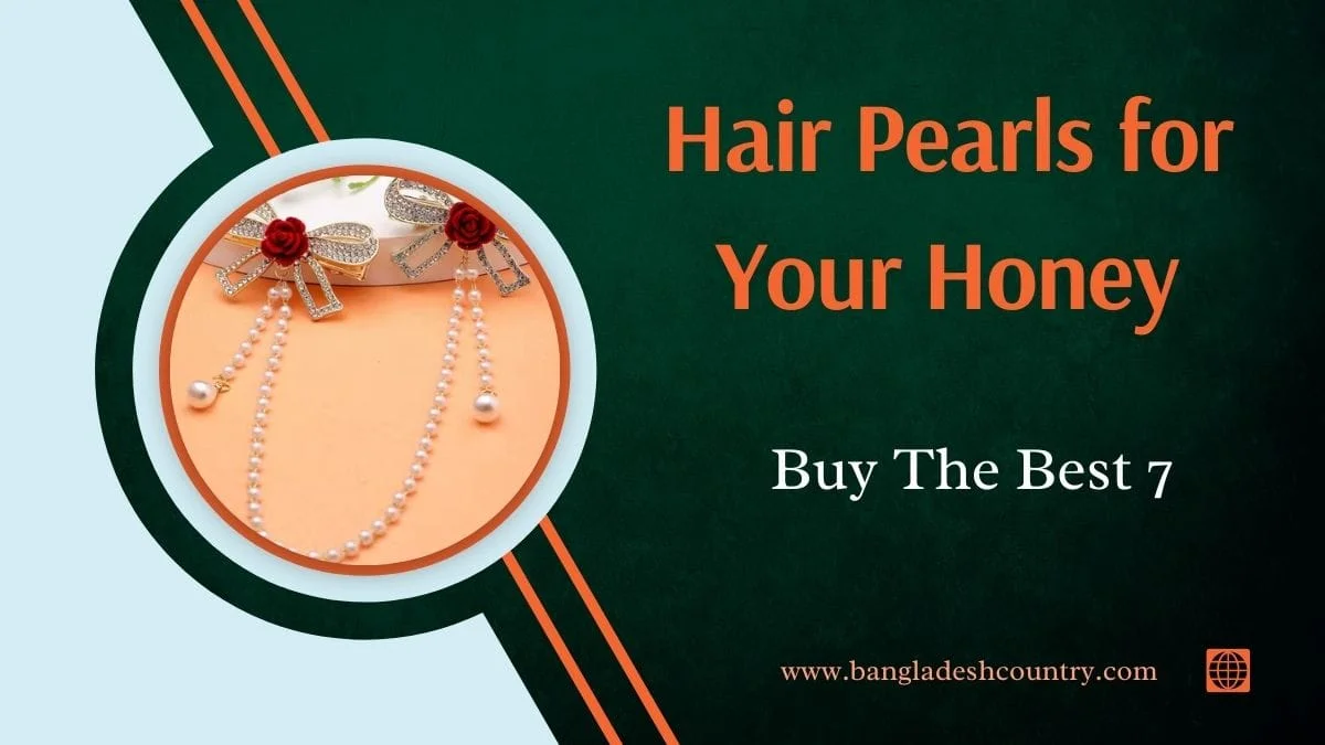 Two elegant pearl hair clips with rhinestone-studded bows, small red rose accents, and delicate cascading pearl strands, displayed on a peach background.