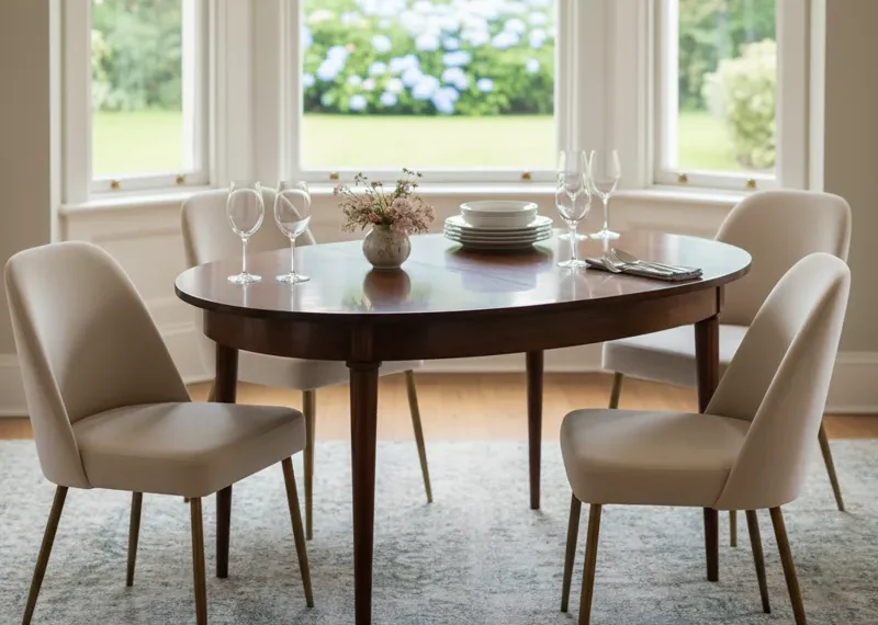 A modern half circle dining table with a light wood top and black metal base, paired with two contemporary upholstered dining chairs, perfect for small spaces or against a wall in a kitchen or dining nook.