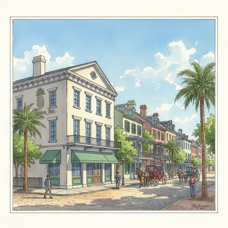 Exterior view of Hampton Inn Charleston Historic District with historic Charleston architecture in the background on a sunny day