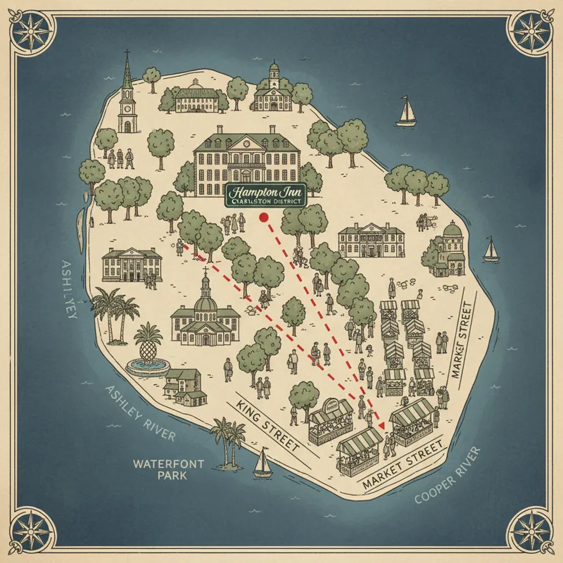 Map showing the Hampton Inn Charleston Historic District's location relative to key attractions like King Street and Market Street