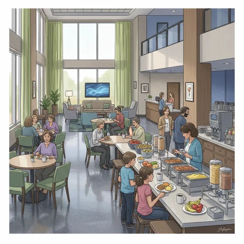 Interior shot of a clean, modern Hampton Inn lobby and breakfast area with guests enjoying food