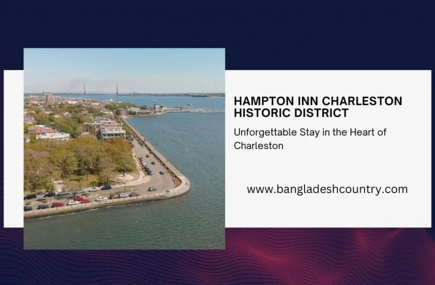 Aerial view of Charleston Historic District waterfront with historic buildings, a park, coastal road, and a distant suspension bridge, promoting Hampton Inn Charleston Historic District.