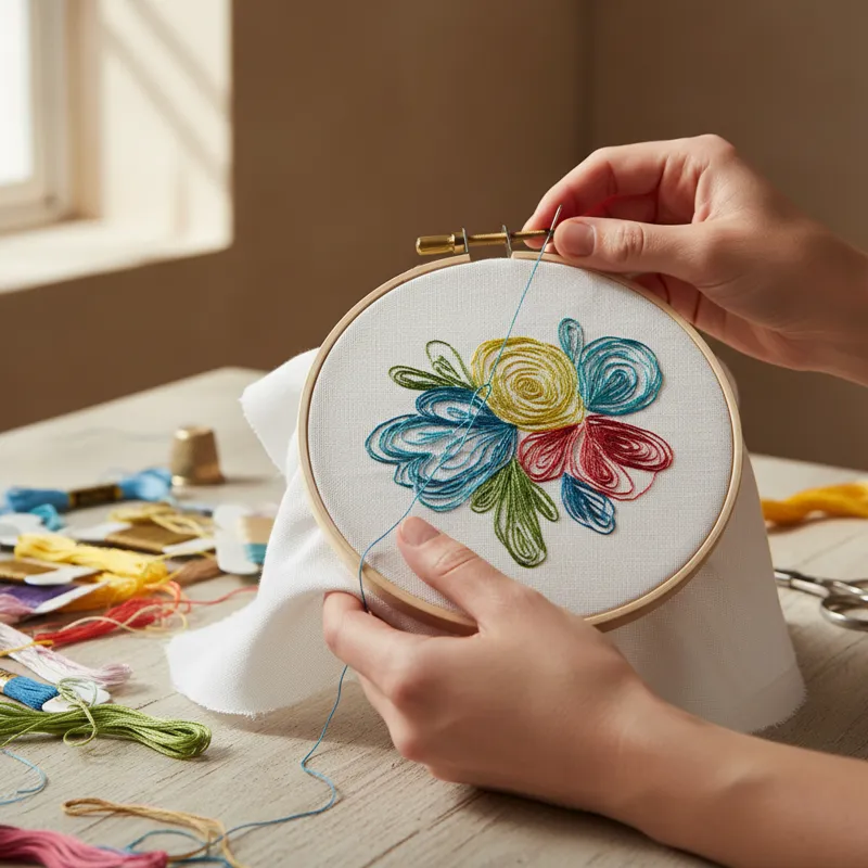 A close-up shot of hands working on an embroidery hoop, showing colorful threads and a partially completed design. The background is softly blurred.