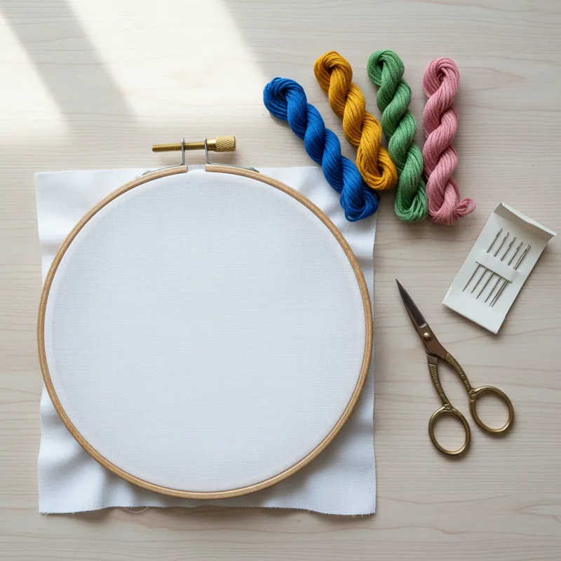 A flat lay of basic hand embroidery supplies: a small wooden hoop, a few skeins of colorful embroidery floss, a pack of embroidery needles, a pair of