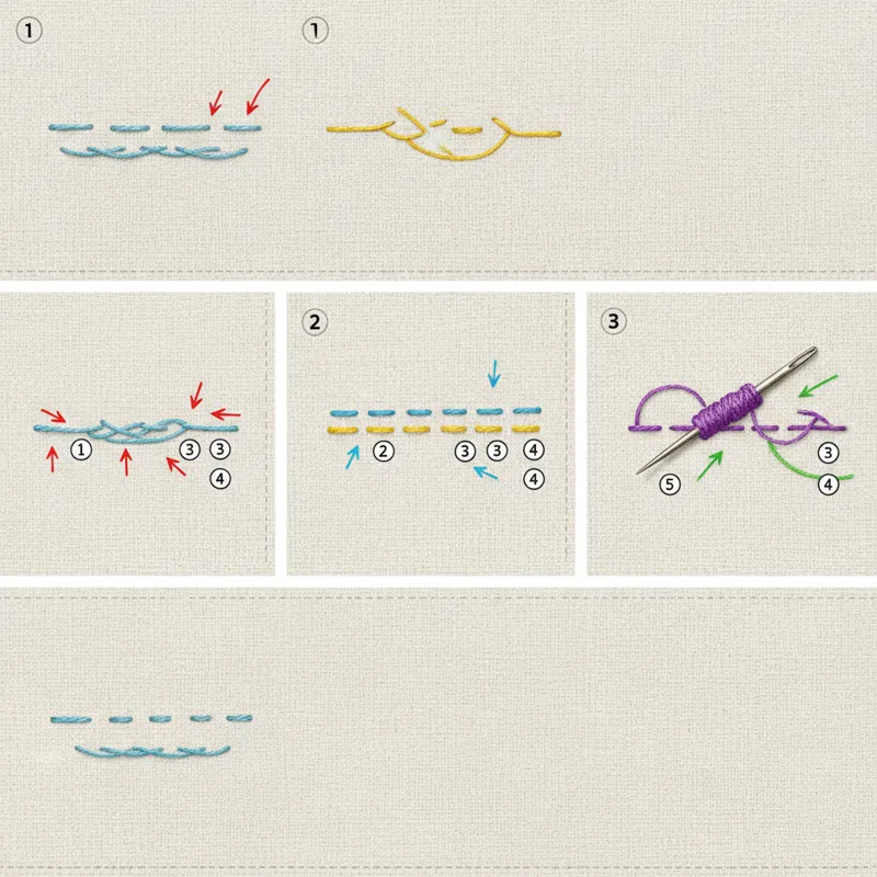 A step-by-step visual guide showing how to create a backstitch, running stitch, and French knot on fabric, with clear arrows and numbered instructions