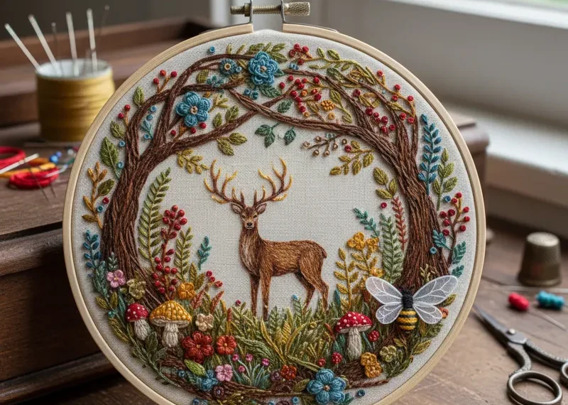 Close-up of a detailed hand embroidery artwork featuring a vibrant floral design with intricate stitching on natural linen fabric.