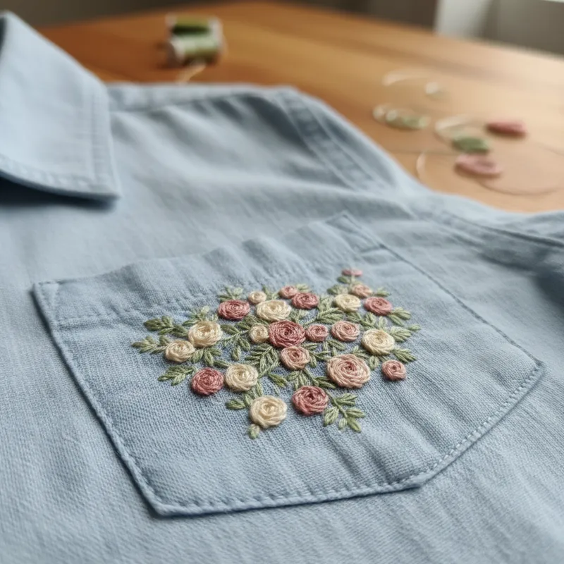 A close-up shot of a hand-embroidered shirt featuring a small, delicate floral motif on the chest pocket. The embroidery thread colors contrast gently