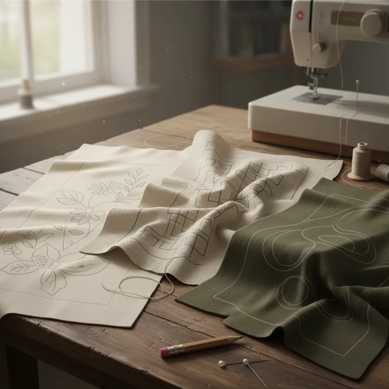 A selection of different shirt fabric swatches laid out, including crisp cotton, soft linen, and a slightly stretchy jersey knit. Some swatches show l