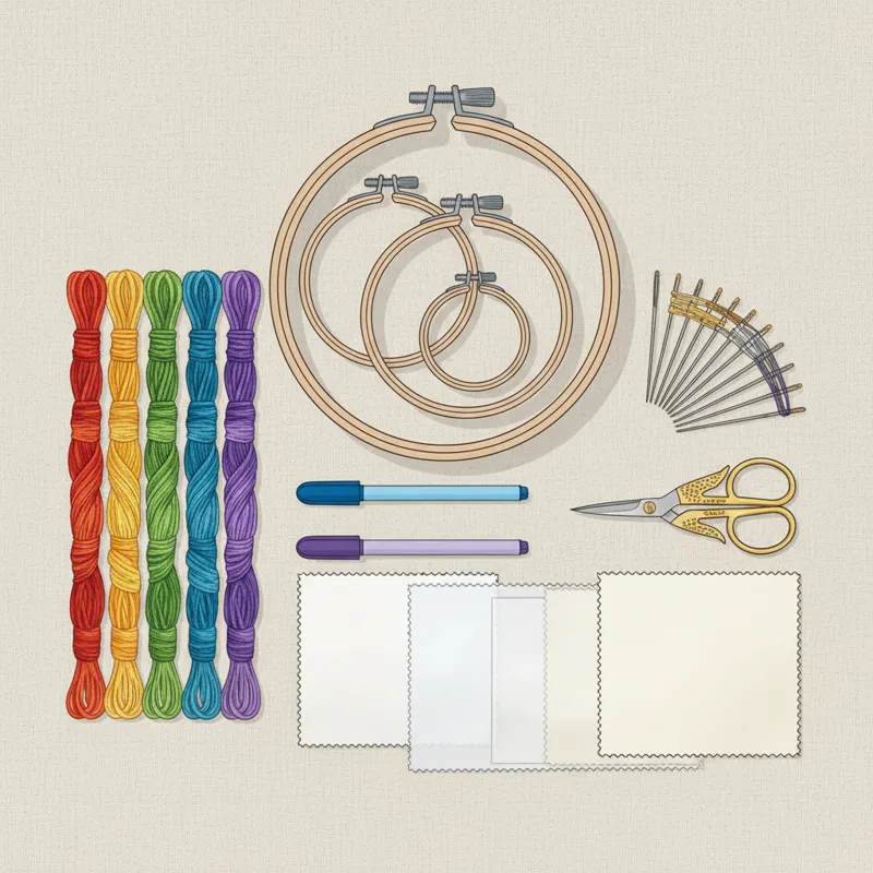 An organized flat lay of hand embroidery tools: various sizes of hoops, a selection of embroidery needles, skeins of colorful embroidery floss, fabric