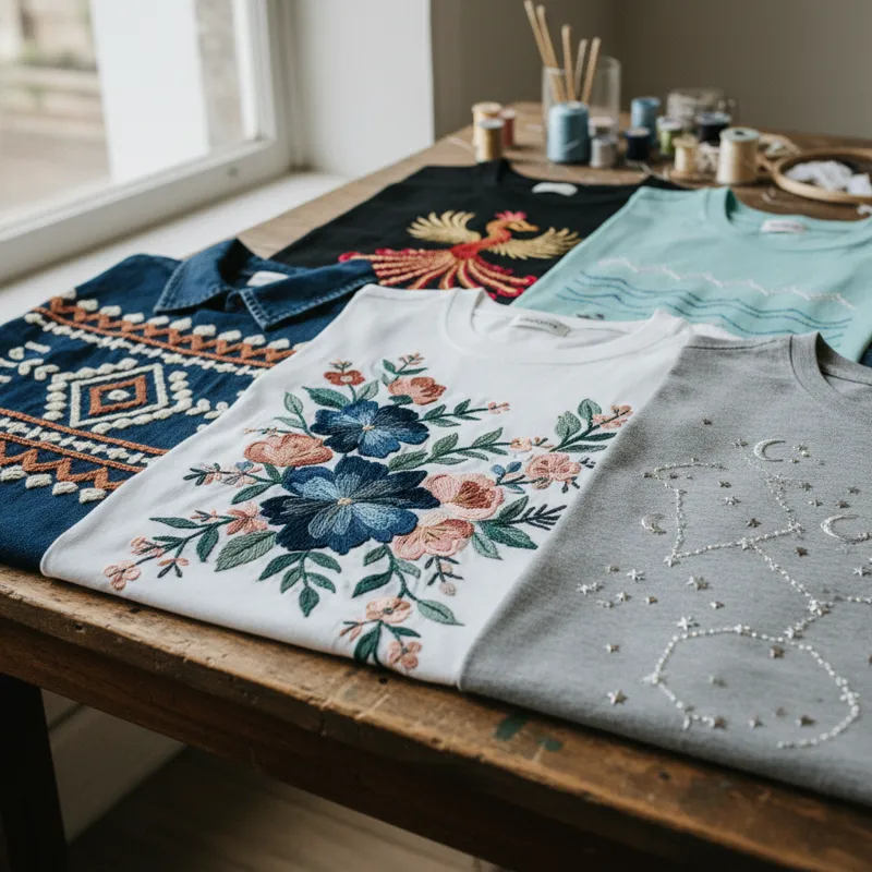 Close-up of a vibrant hand embroidered floral design on a white cotton shirt, showcasing intricate stitching and colorful threads.