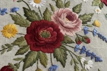 Close-up of intricate hand embroidered floral patterns on fabric, showcasing vibrant thread colors and delicate stitching details.
