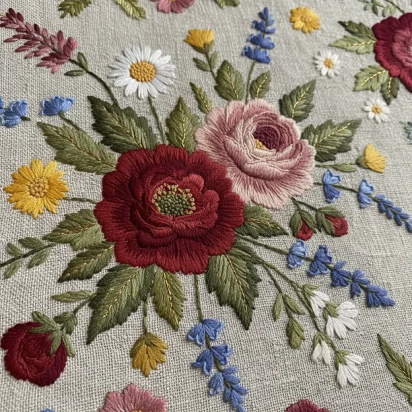 Close-up of intricate hand embroidered floral patterns on fabric, showcasing vibrant thread colors and delicate stitching details.