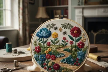 Close-up of hands doing hand embroidery, with a needle and colorful threads creating a detailed floral design on white fabric stretched in a wooden hoop.