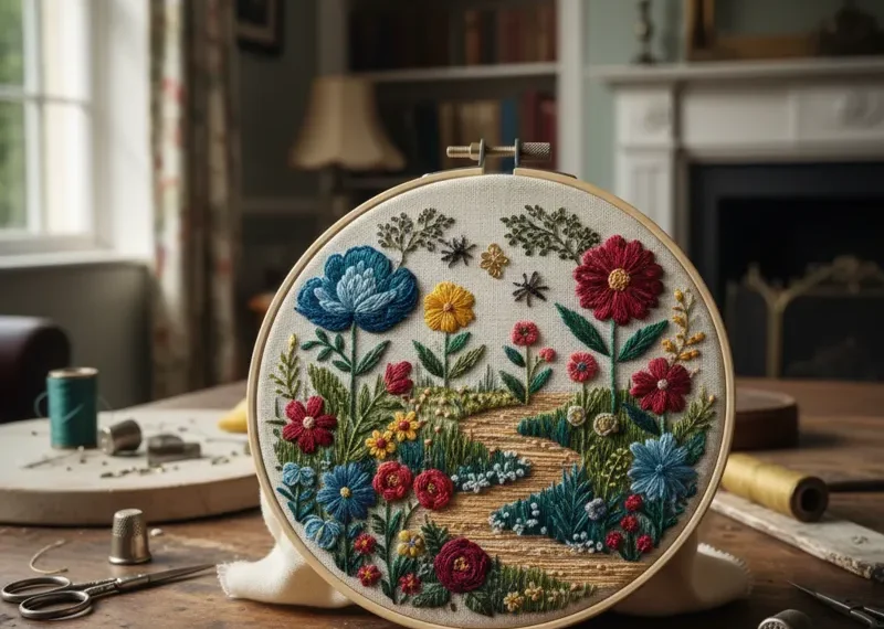 Close-up of hands doing hand embroidery, with a needle and colorful threads creating a detailed floral design on white fabric stretched in a wooden hoop.