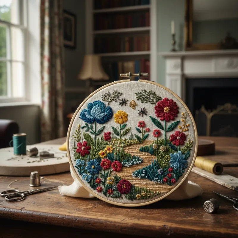 Close-up of hands doing hand embroidery, with a needle and colorful threads creating a detailed floral design on white fabric stretched in a wooden hoop.