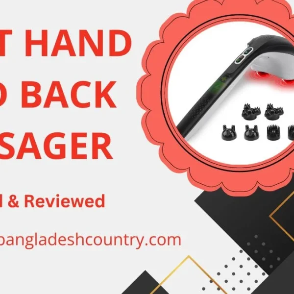A black and grey handheld back massager with glowing red nodes and six interchangeable massage heads, set against a background with text '5 BEST HAND HELD BACK MASSAGER Tested & Reviewed'.