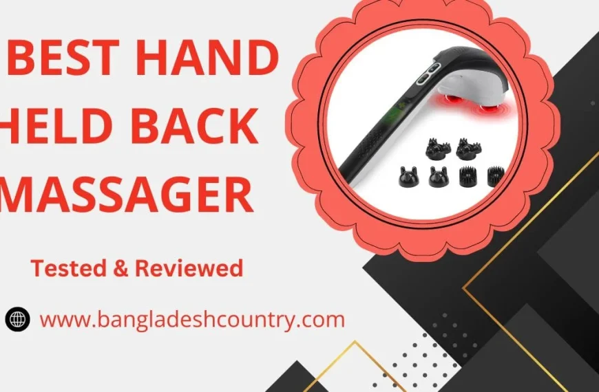 A black and grey handheld back massager with glowing red nodes and six interchangeable massage heads, set against a background with text '5 BEST HAND HELD BACK MASSAGER Tested & Reviewed'.
