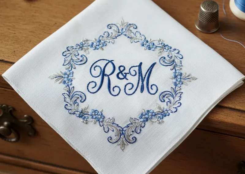 Close-up of a pristine white cotton handkerchief featuring a delicate and intricate floral hanky embroidery design, stitched with elegant blue and green threadwork. Ideal for personalized gifts, weddings, or special occasions.