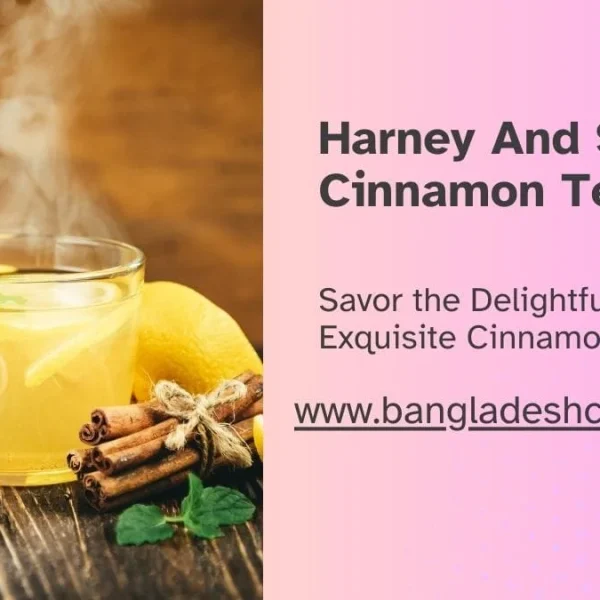 Promotional image for Harney And Sons Cinnamon Tea, featuring a steaming glass mug of tea with lemon, surrounded by cinnamon sticks, fresh lemons, and honey.