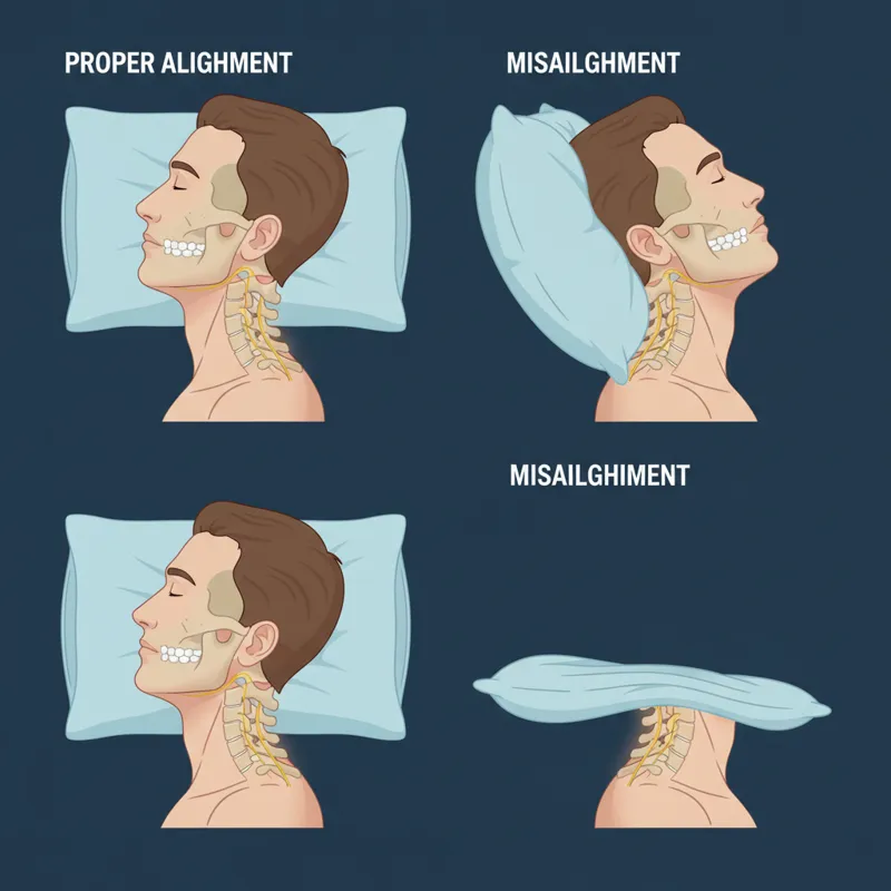 Illustration of a spine and head on a pillow, showing proper alignment vs. misalignment.