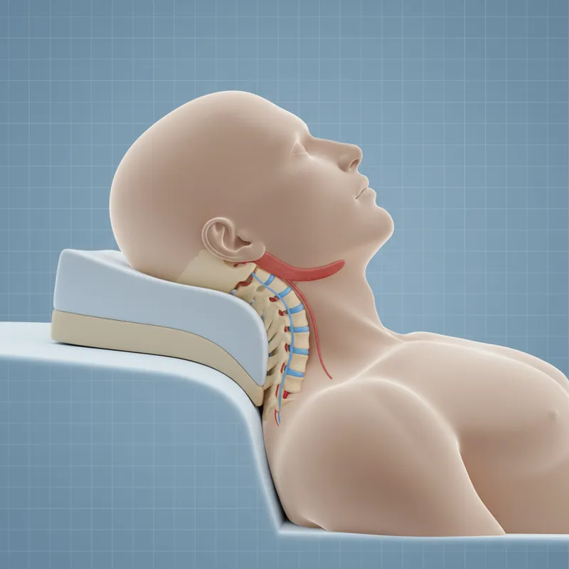 Diagram showing the cervical spine in a neutral position with proper pillow support.