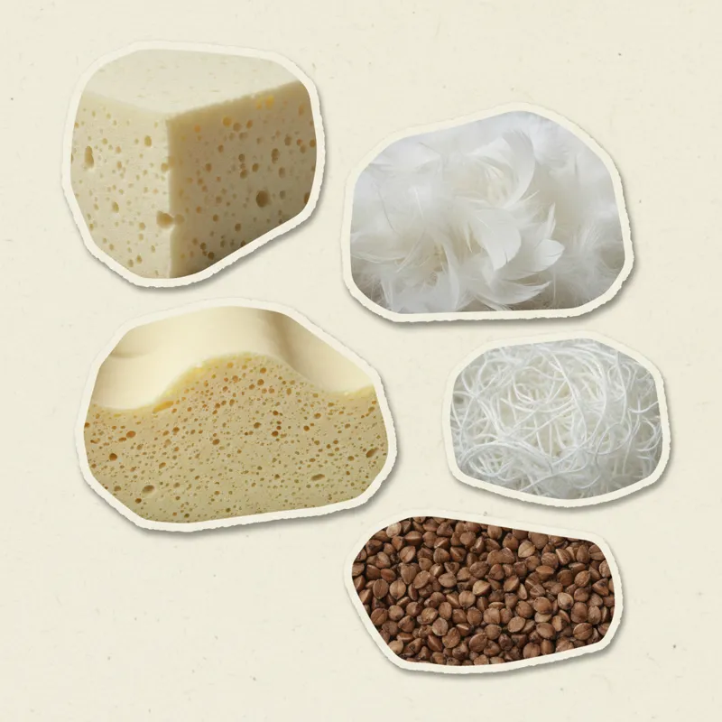 Collage of different pillow material cross-sections: memory foam, latex, down, synthetic fill, buckwheat.