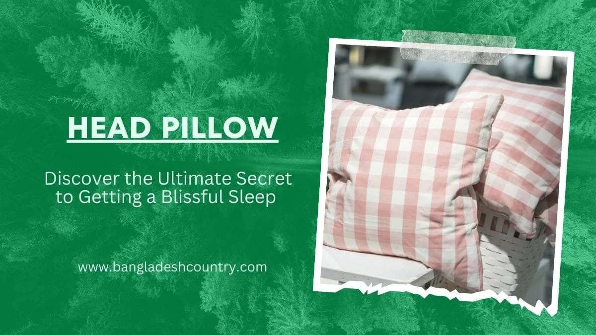 Advertisement for 'HEAD PILLOW' showing two pink and white gingham pattern pillows on a white surface, set against a green background with subtle tree imagery. Text on the left reads 'HEAD PILLOW' and 'Discover the Ultimate Secret to Getting a Blissful Sleep', with 'www.bangladeshcountry.com' at the bottom.