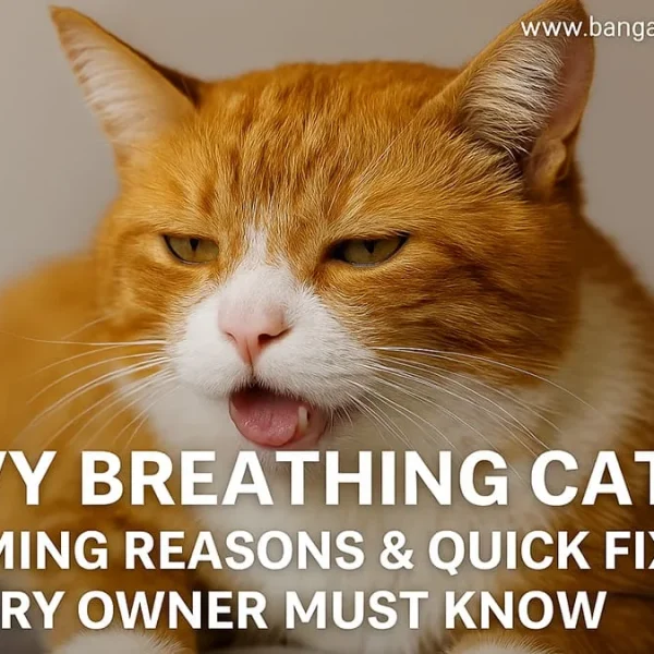 An orange and white cat with its mouth open and tongue slightly out, appearing to pant or breathe heavily. Overlay text reads: 'HEAVY BREATHING CAT? 7 ALARMING REASONS & QUICK FIXES EVERY OWNER MUST KNOW'.