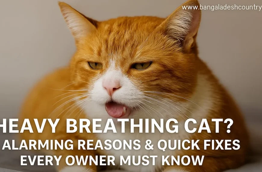 An orange and white cat with its mouth open and tongue slightly out, appearing to pant or breathe heavily. Overlay text reads: 'HEAVY BREATHING CAT? 7 ALARMING REASONS & QUICK FIXES EVERY OWNER MUST KNOW'.