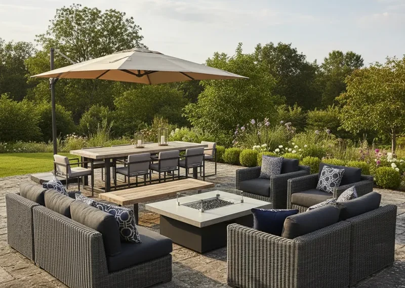 Heavy-duty cast aluminum outdoor dining set with six chairs on a stone patio, showcasing durable and wind-resistant patio furniture.