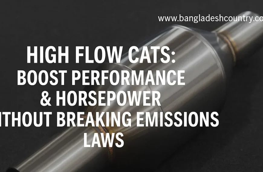 Close-up of a metallic high-flow catalytic converter against a dark background, with white text overlaying it that reads: 'HIGH FLOW CATS: BOOST PERFORMANCE & HORSEPOWER WITHOUT BREAKING EMISSIONS LAWS'.