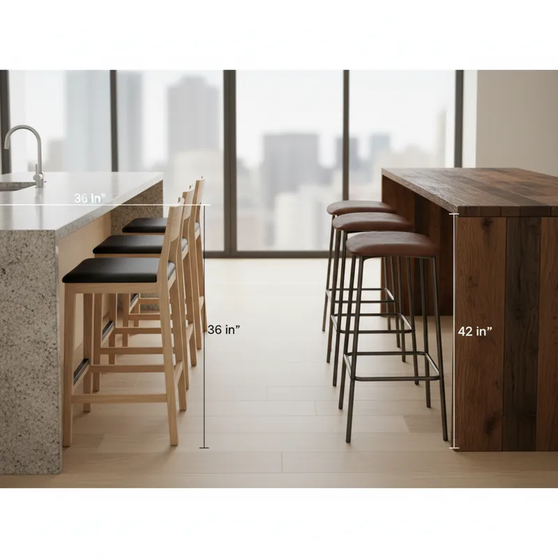 A detailed image showcasing two distinct sets of high kitchen chairs. One set is perfectly aligned with a standard kitchen counter, highlighting