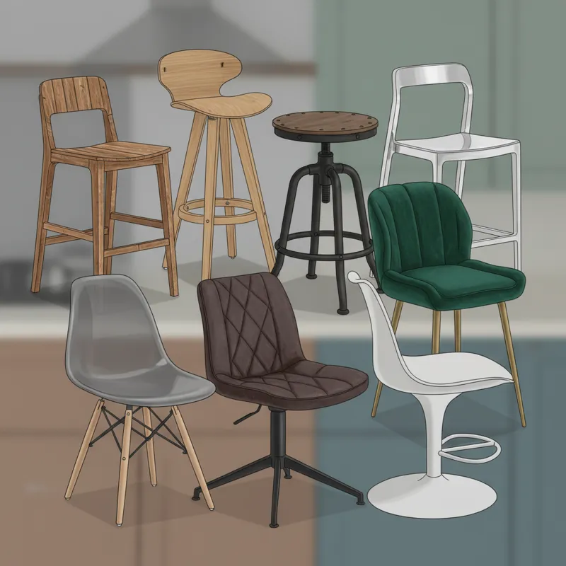 A vibrant collage image showcasing various styles and materials of high kitchen chairs. Include examples of wooden chairs (rustic and modern), metal c