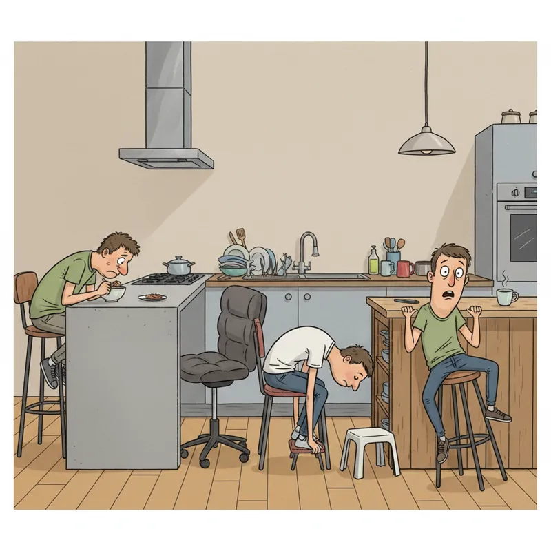 A humorous but illustrative image showing common mistakes. One person is struggling to fit their knees under a counter, another is awkwardly reaching