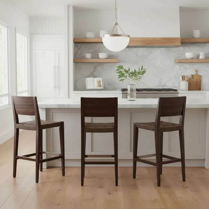 Set of 4 high kitchen chairs with backrests and footrests, designed for breakfast bars and counter height islands, in a modern style.