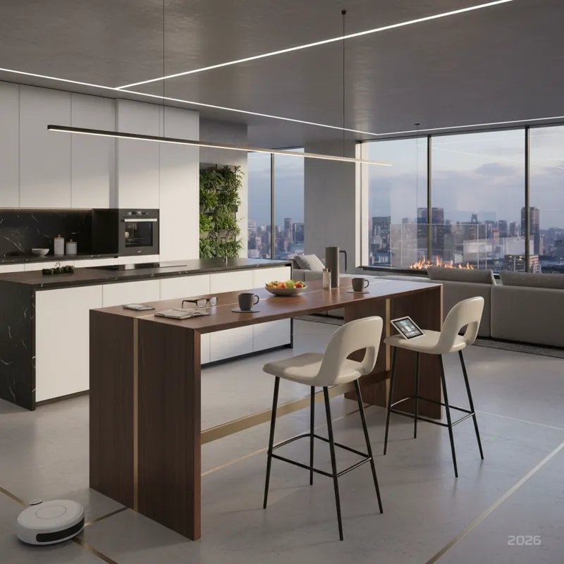 A sleek, modern high table bar with two elegant bar stools in a contemporary open-plan kitchen and living area, showcasing its versatility for both di