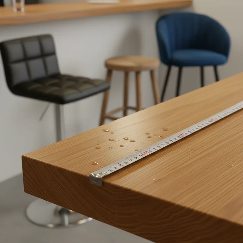 A detailed close-up of a high table bar's surface, showing material texture and craftsmanship, with a measuring tape indicating its height and width,