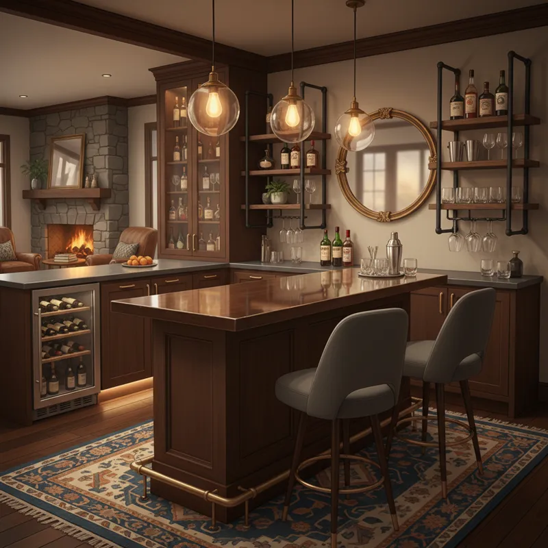 A cozy and inviting home bar area centered around a stylish high table bar, complete with tasteful lighting fixtures, comfortable bar stools, and stra