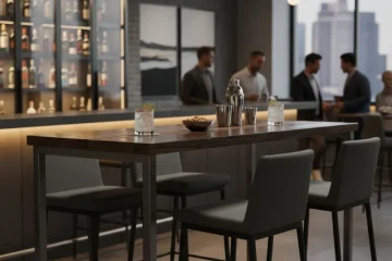 Stylish high table bar area with contemporary bar stools, perfect for casual dining, drinks, and social gatherings.