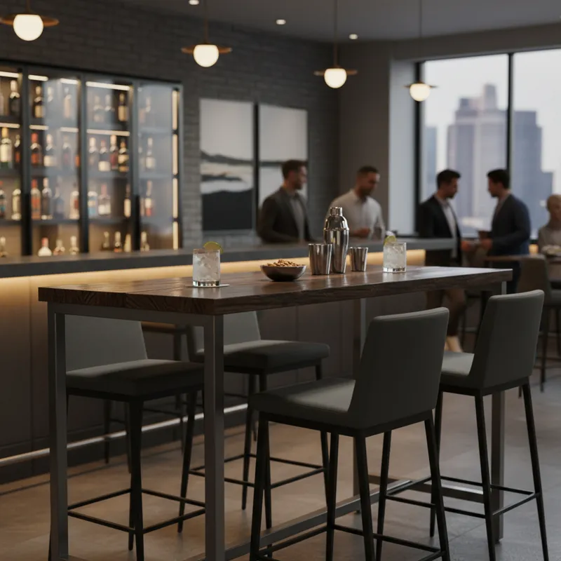 Stylish high table bar area with contemporary bar stools, perfect for casual dining, drinks, and social gatherings.